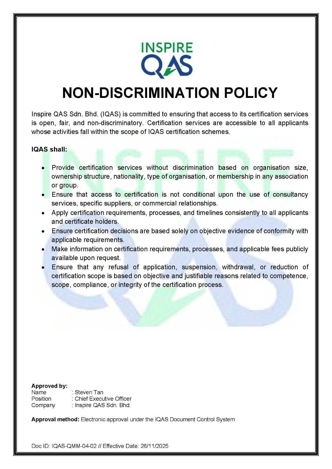 IQAS Non-Discriminatory Policy